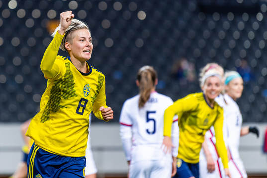 Lina Hurtig of Sweden celebrates scoring 1-0