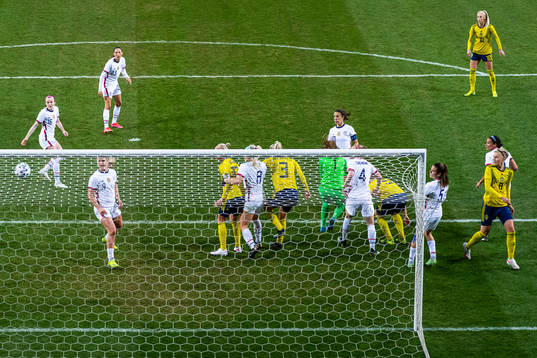 Lina Hurtig of Sweden scores 1-0 behind goalkeeper Alyssa