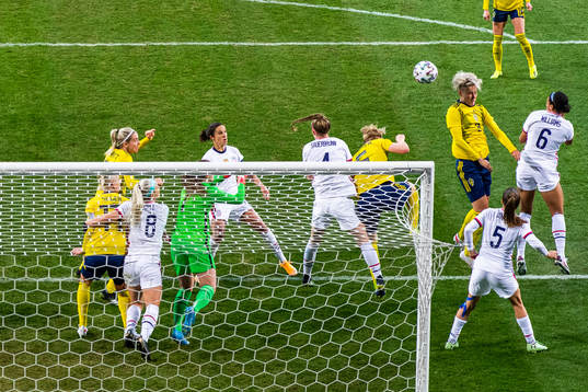 Lina Hurtig of Sweden scores 1-0 behind goalkeeper Alyssa