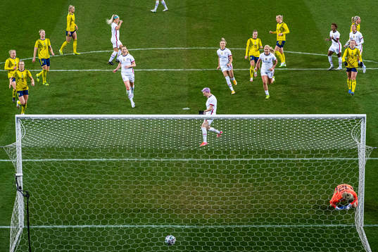 Goalkeeper Jennifer Falk of Sweden looks dejected while