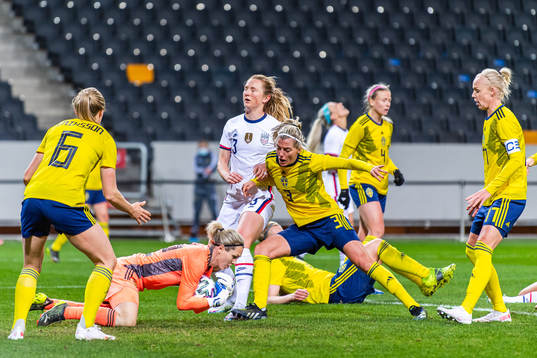 Goalkeeper Jennifer Falk of Sweden denies a goal for