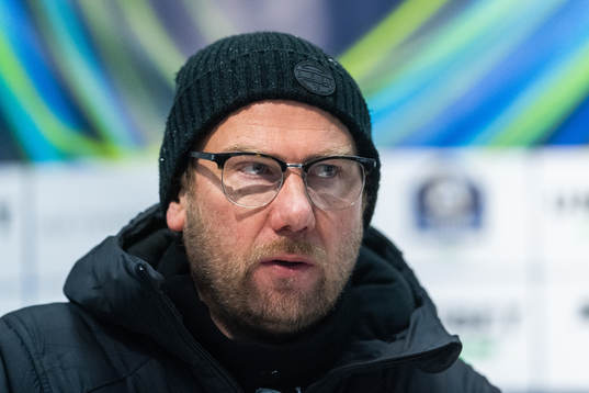 Halmstads tränare Magnus Haglund på presskonferensen