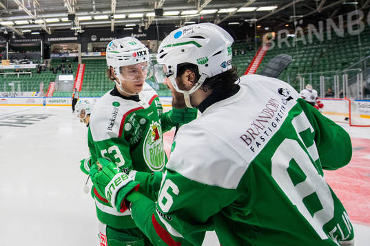 Rögles Eric Gelinas jublar med Moritz Seider