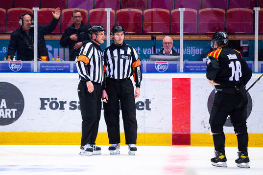 Domarna Mikael Nord och Linus Öhlund framför Brynäs