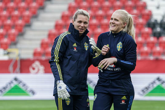 goalkeeper Jennifer Falk and Josefine Rybrink of Sweden