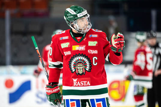 Frölundas Joel Lundqvist reagerar på ett domslut