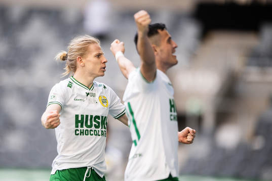 Hammarbys Gustav Ludwigson och Astrit Selmani jublar