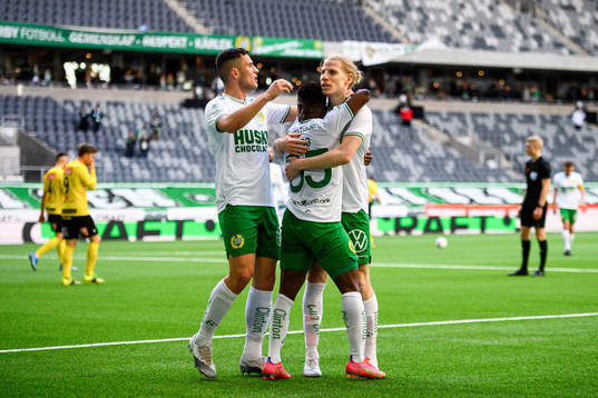 Hammarbys Astrit Selmani och Gustav Ludwigson jublar med