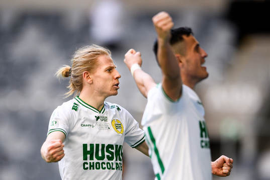 Hammarbys Gustav Ludwigson och Astrit Selmani jublar