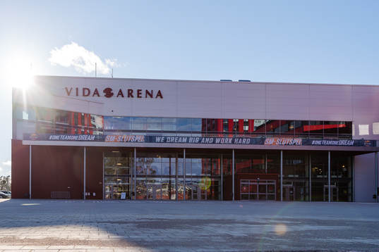 Exteriör vy på Vida Arena före ishockeymatchen i