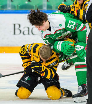 Rögles Moritz Seider och Skellefteås Oskar Nilsson i bråk