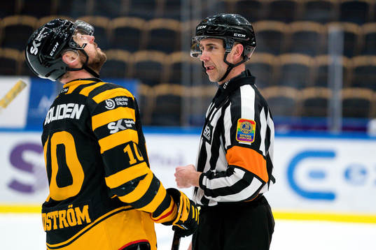 Skellefteås Joakim Lindström pratar med domare Linus