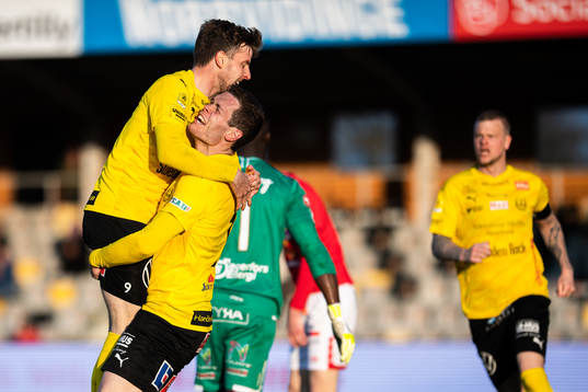 Mjällbys Jacob Bergström och Joel Nilsson jublar