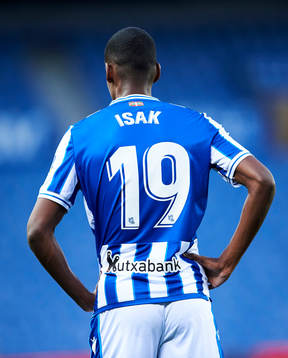 Alexander Isak of Real Sociedad reacts