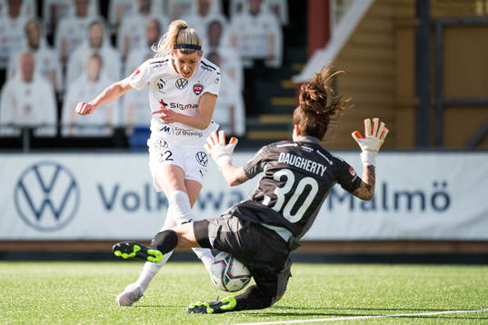 Rosengårds Olivia Schough och Djurgårdens målvakt Kelsey