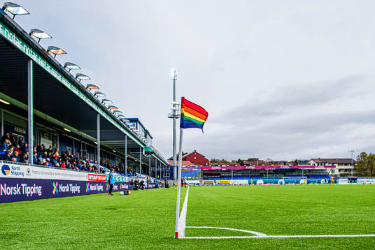 A rainbow flag at Kristiansund Stadion
