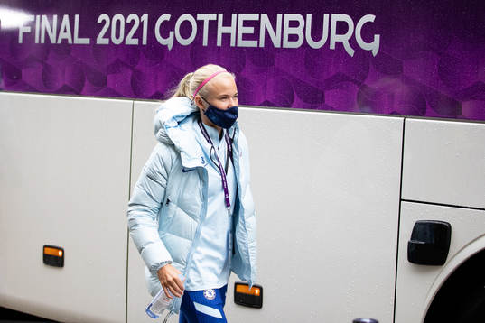 Pernille Harder of Chelsea arrives at the arena Gamla Ullevi