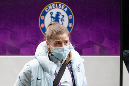 Maren Mjelde of Chelsea arrives at the arena Gamla Ullevi