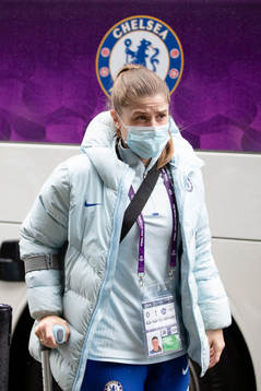 Maren Mjelde of Chelsea arrives at the arena Gamla Ullevi