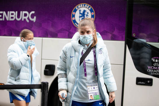 Maren Mjelde of Chelsea arrives at the arena Gamla Ullevi
