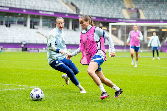 Goalkeeper Ann-Katrin Berger and Guro Reiten of Chelsea