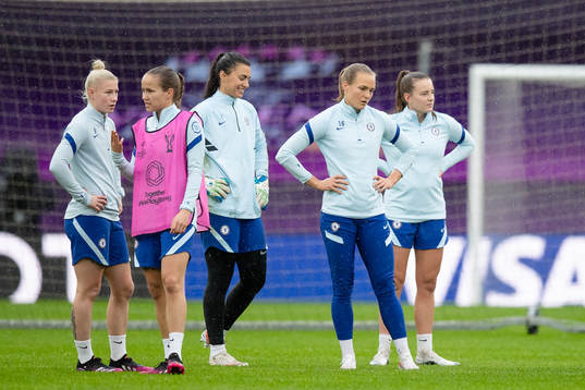 Goalkeeper Zecira Musovic and Magdalena Eriksson of Chelsea