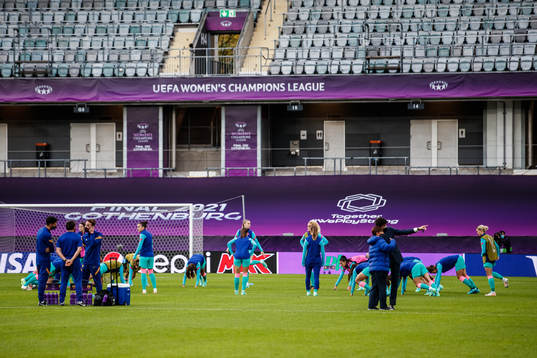 Players of Barcelona are warming up prior to the UEFA