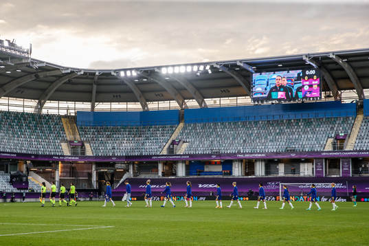 Players of Chelsea entering the pitch prior to the UEFA