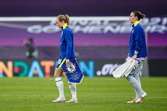 Magdalena Eriksson and goalkeeper Ann-Katrin Berger of