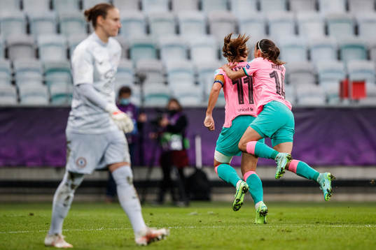 Alexia Putellas of Barcelona celebrate together with Aitana