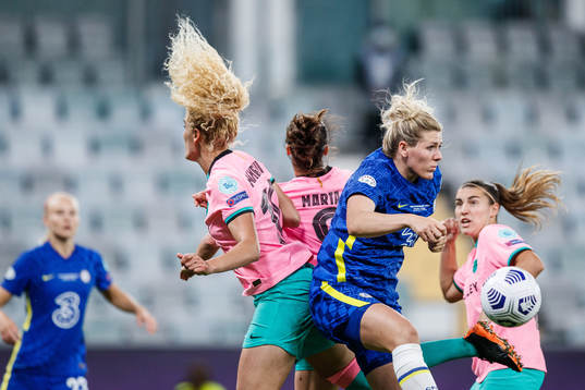 Kheira Hamraoui of Barcelona and Millie Bright of Chelsea