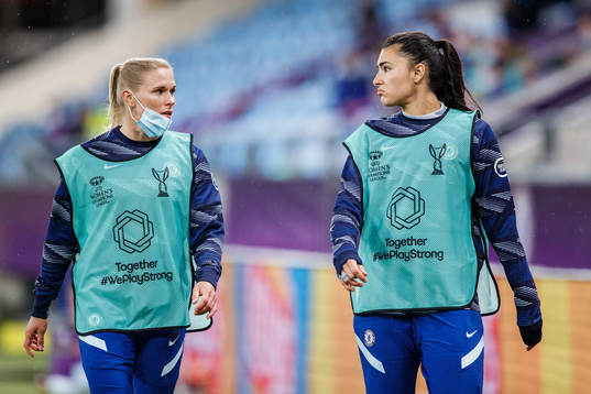 Jonna Andersson and goalkeeper Zecira Musovic of Chelsea