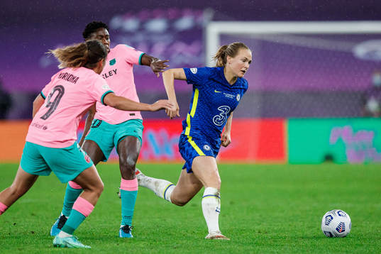 Asisat Oshoala of Barcelona against Magdalena Eriksson of