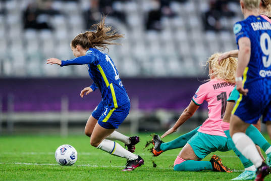 Guro Reiten of Chelsea and Kheira Hamraoui of Barcelona