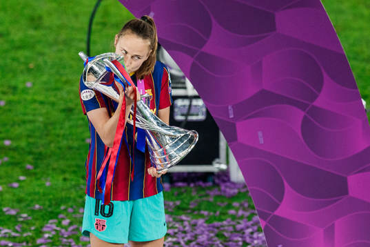 Caroline Graham Hansen of Barcelona celebrate together with