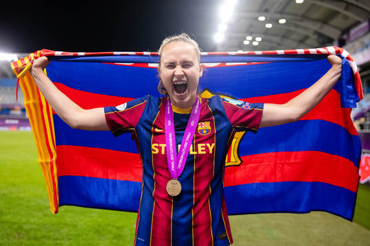 Caroline Graham Hansen of Barcelona celebrates