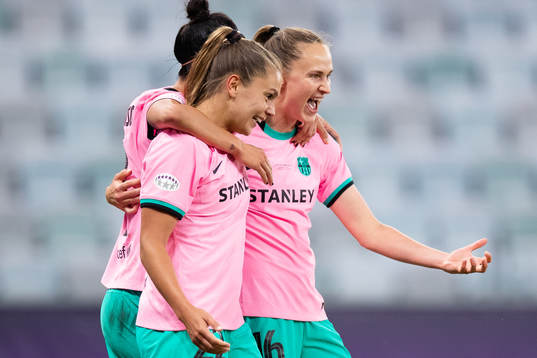 Caroline Graham Hansen of Barcelona celebrates scoring 0-4