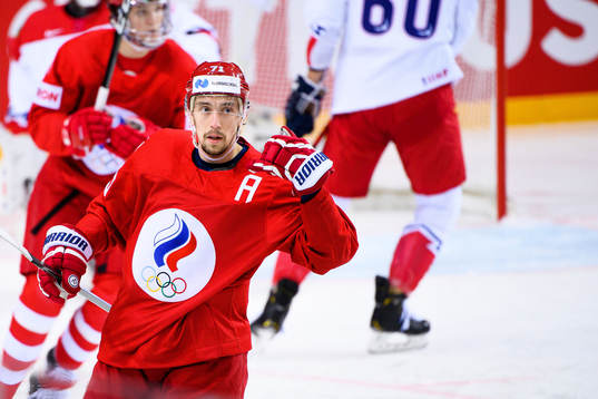 Anton Burdasov of Russia  celebrates scoring the 1-0 goal