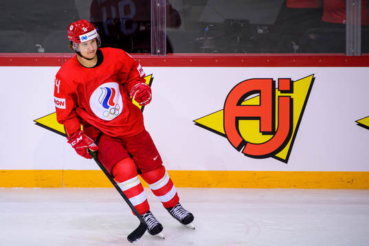 Alexander  Barabanov of Russia celebrates the 3-2 goal