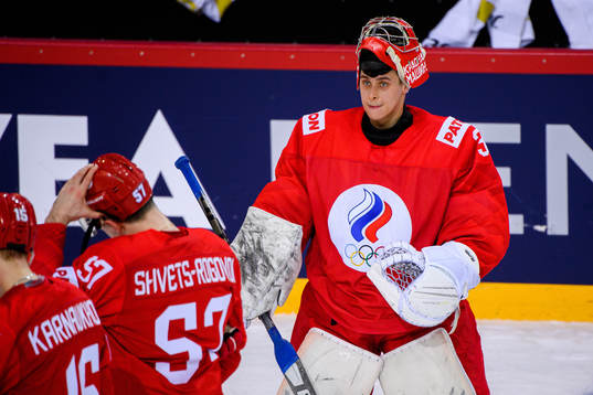 Goalkeeper Alexander Samonov of Russia