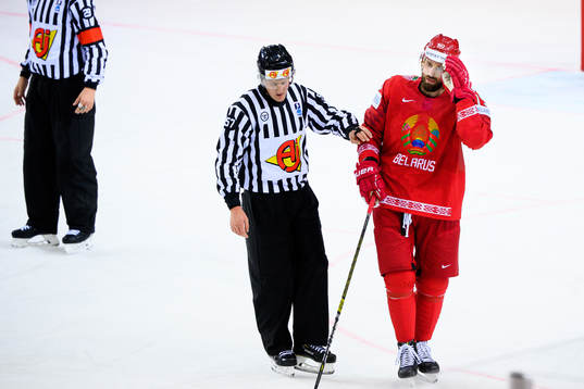 Nikita Komarov of Belarus leaves the ice