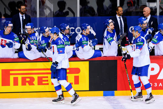 Marek Hrivik and Peter Cehlarik of Slovakia celebrate the
