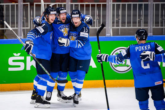 Olli Maatta, Iiro Pakarinen and Anton Lundell of Finland