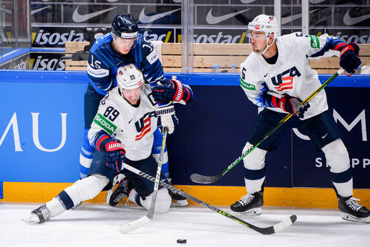 Anton Lundell of Finland against Justin Abdelkader and Adam