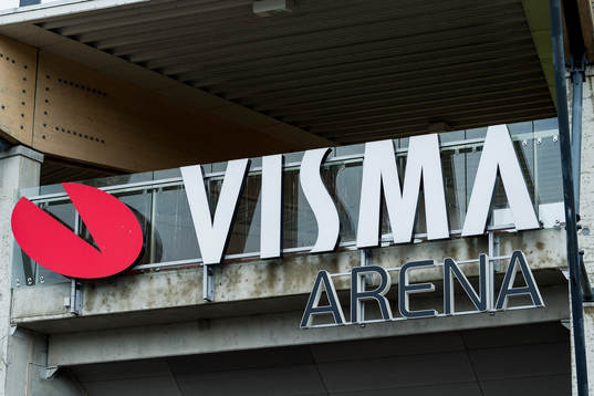 Skylt på Visma Arena före fotbollsmatchen i Superettan