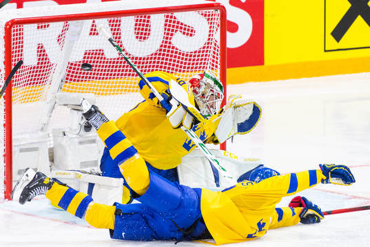 German Nesterov of Belarus (not pictured) scores 0-1 past