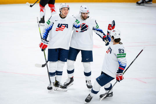 Jason Robertson, Christian Wolanin and Conor Garland of USA