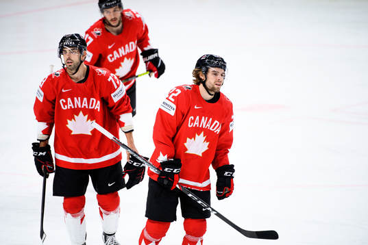 Brandon Pirri and Brandon Hagel of Canada look dejected