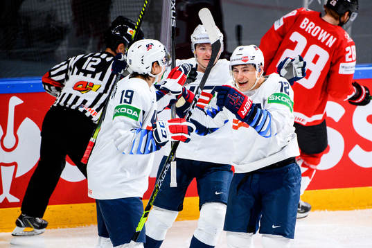 Jason Robertson and Trevor Moore of USA celebrate the 0-3