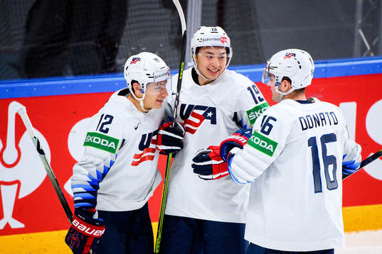 Jason Robertson, Trevor Moore and Ryan Donato of USA